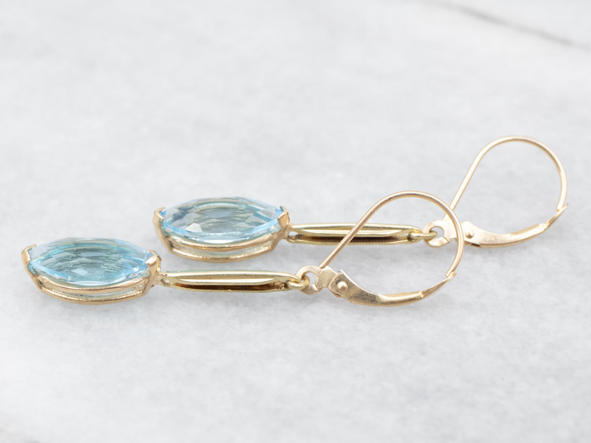 Yellow Gold Marquise Cut Blue Topaz Bar Drop Earrings