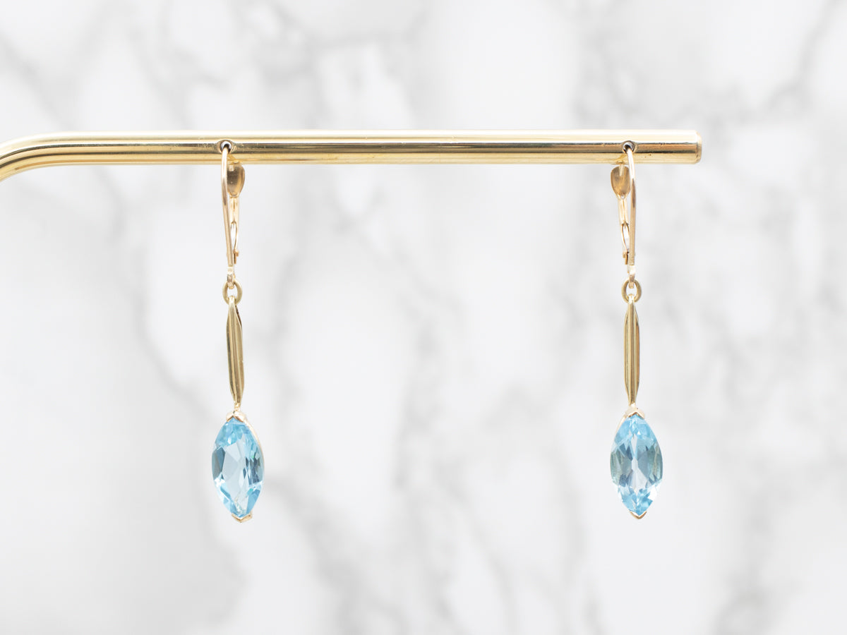 Yellow Gold Marquise Cut Blue Topaz Bar Drop Earrings