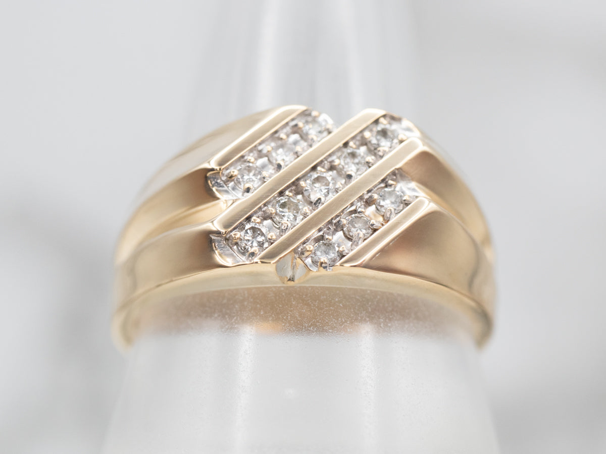 Two Tone Yellow and White Gold Diagonal Row Diamond Ring