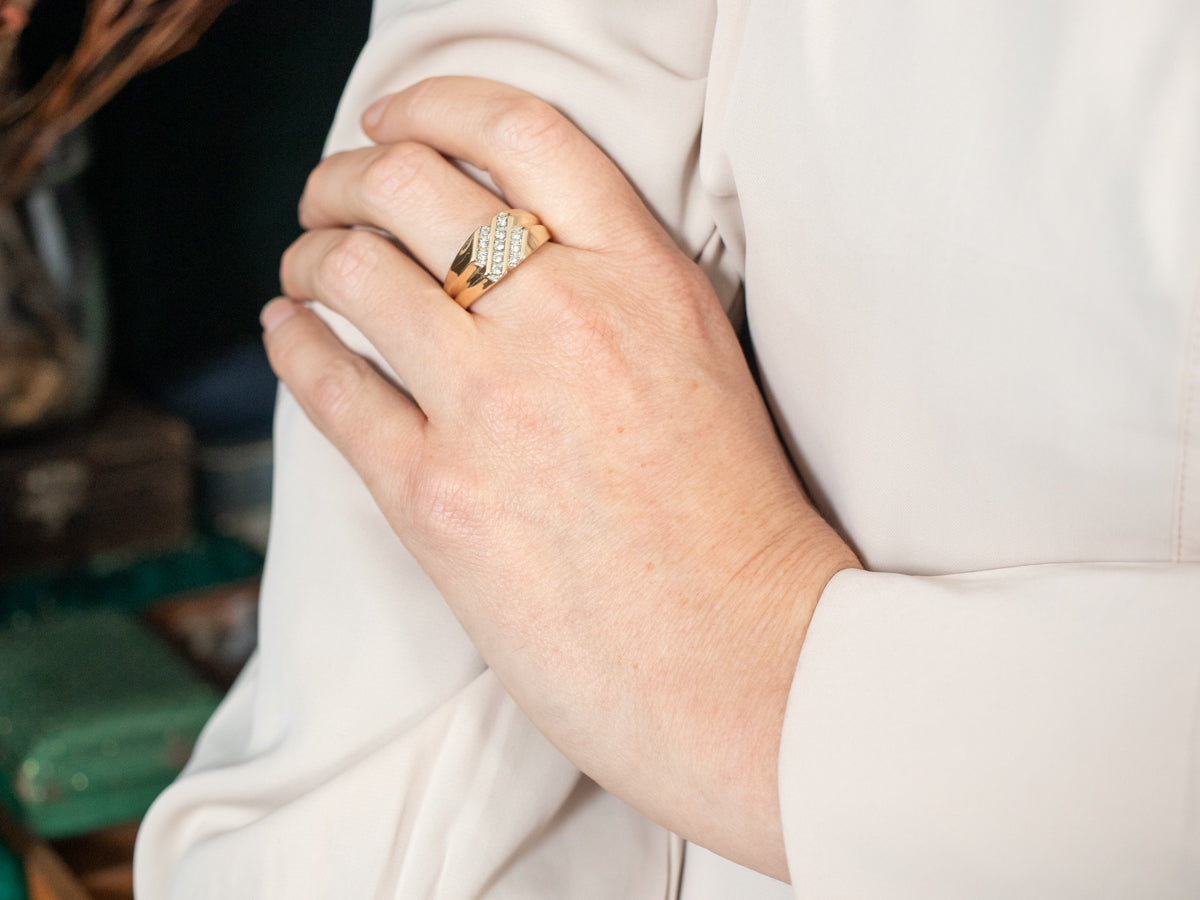 Two Tone Yellow and White Gold Diagonal Row Diamond Ring