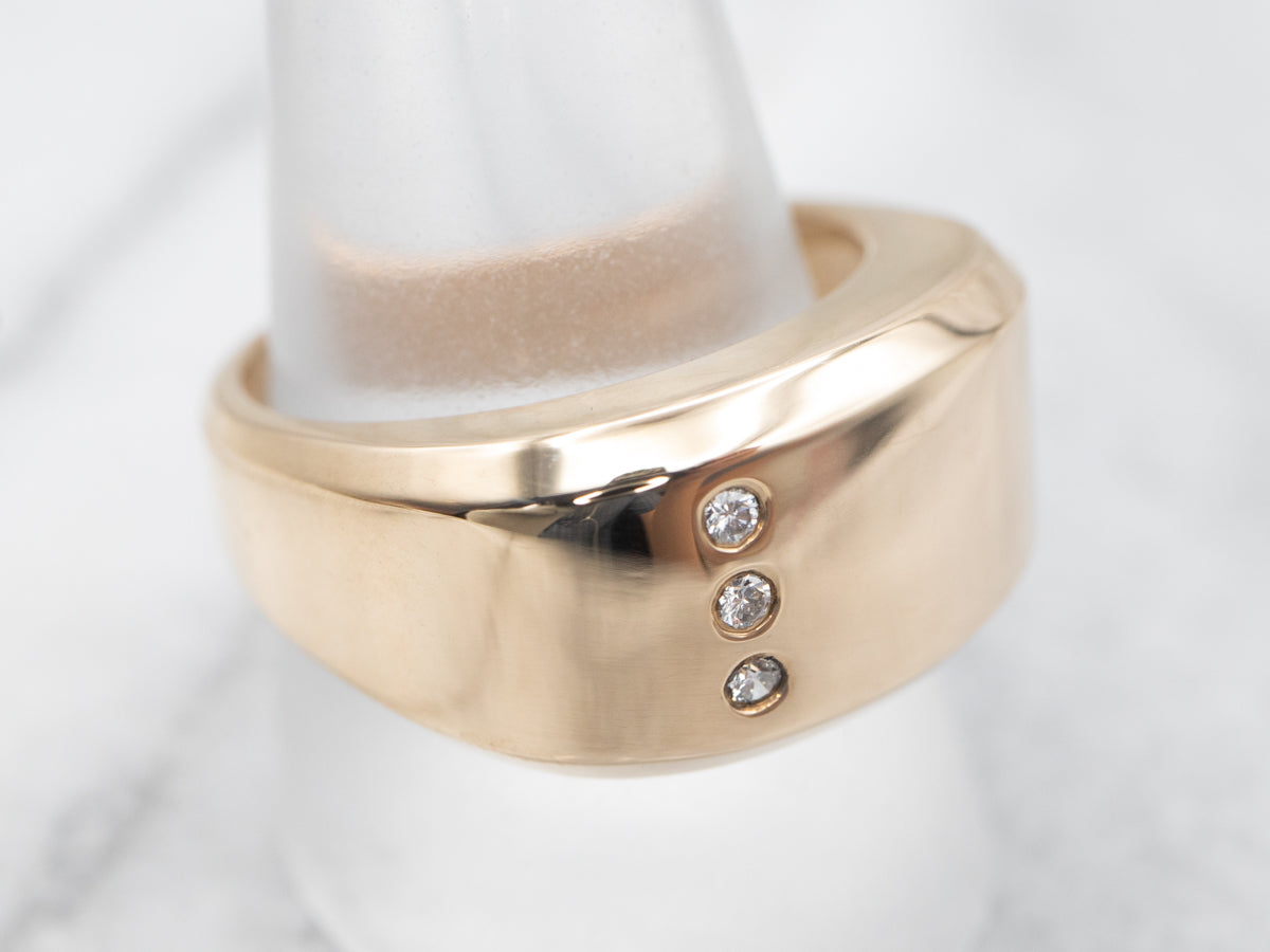 Yellow Gold Domed Signet Ring with Diamond Accents