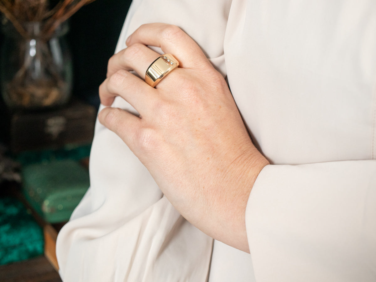 Yellow Gold Domed Signet Ring with Diamond Accents