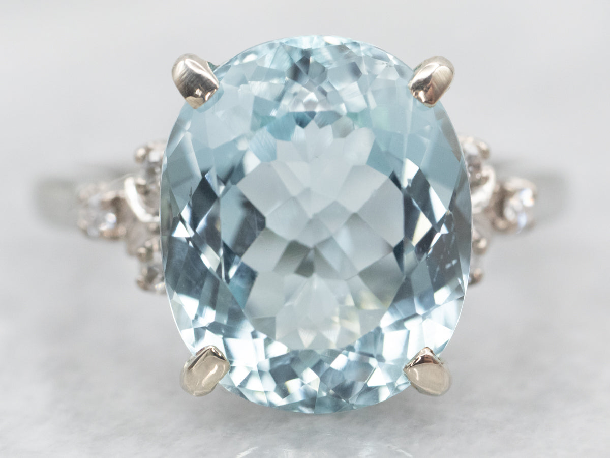 White Gold Oval Cut Aquamarine Ring with Diamond Accents