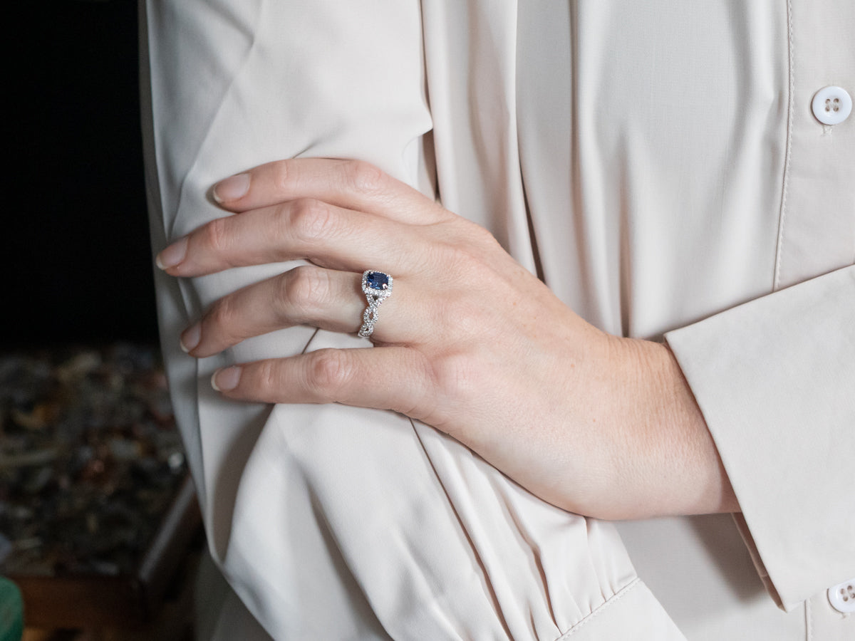White Gold Sapphire Engagement Ring with Diamond Halo and Diamond Shoulders