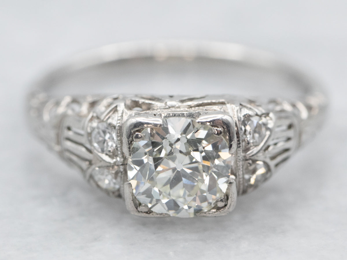 Platinum Art Deco Diamond Engagement Ring with Diamond Accents