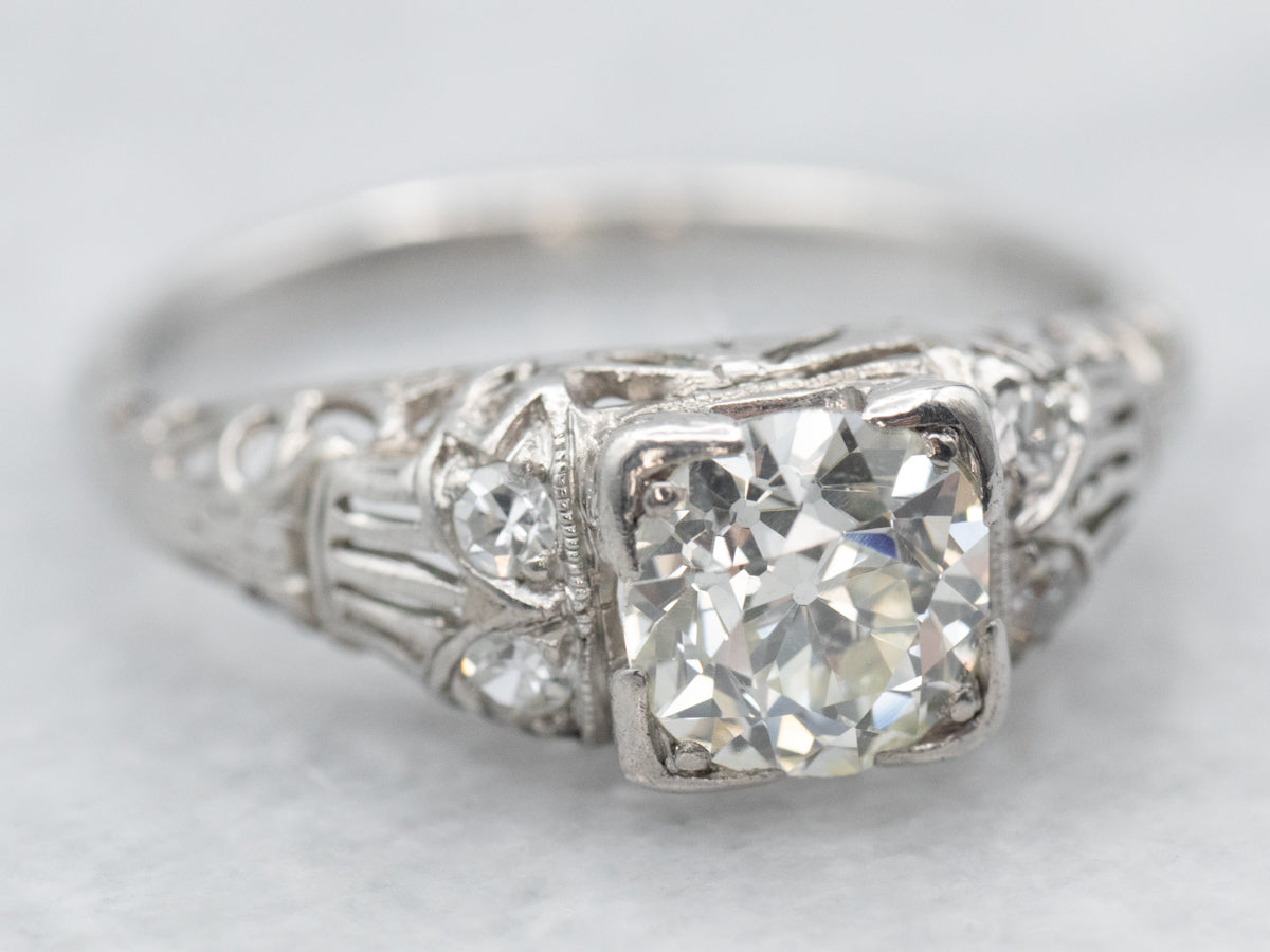 Platinum Art Deco Diamond Engagement Ring with Diamond Accents