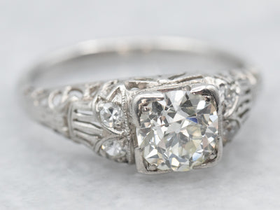 Platinum Art Deco Diamond Engagement Ring with Diamond Accents