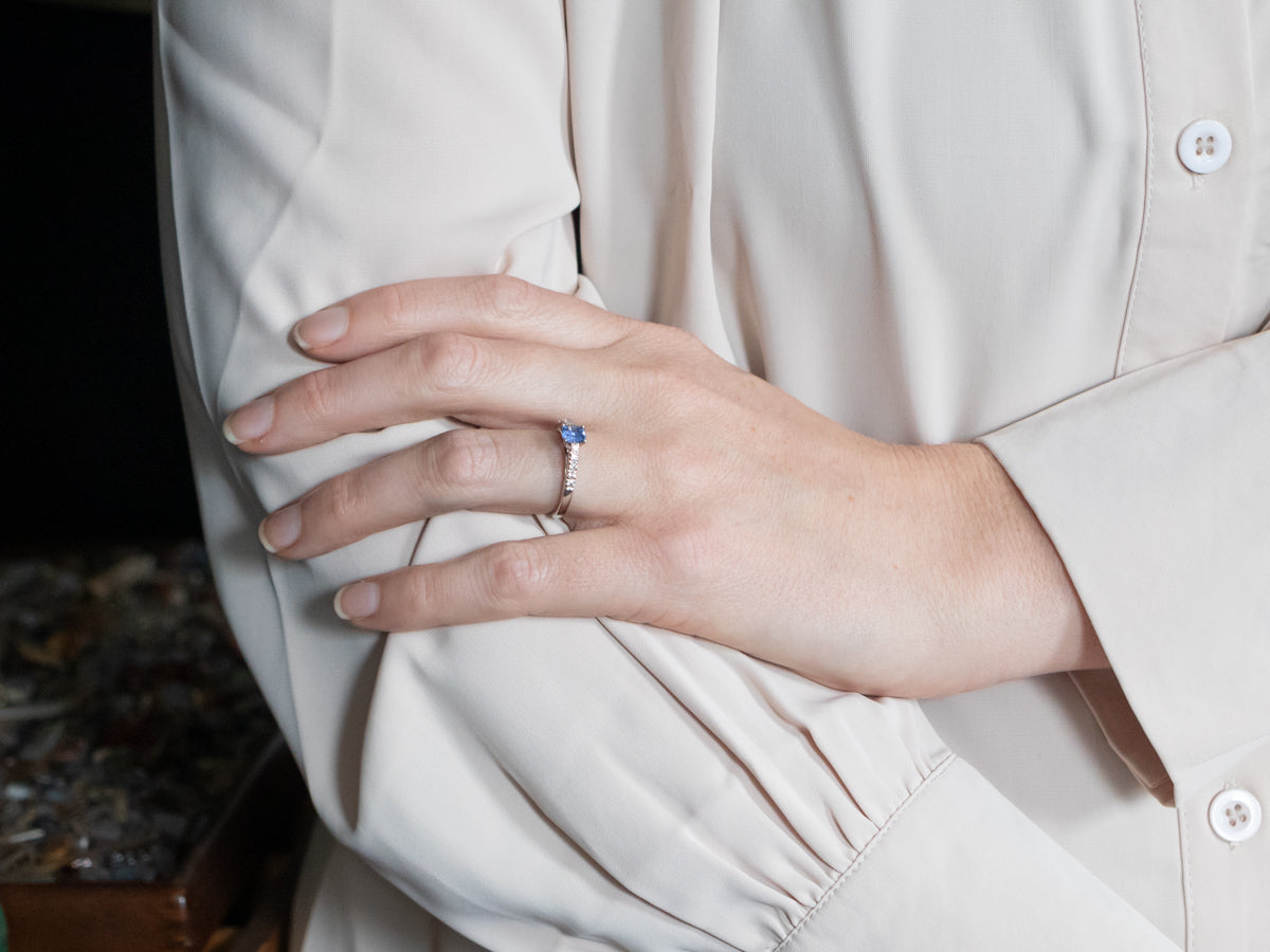 White Gold Sapphire Engagement Ring with Diamond Accents