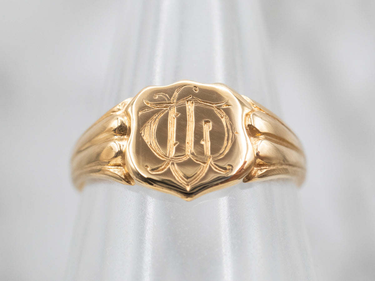 Yellow Gold Shield Signet Ring with Etched Design