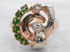 Two Tone Green Garnet and Diamond Retro Abstract Ring