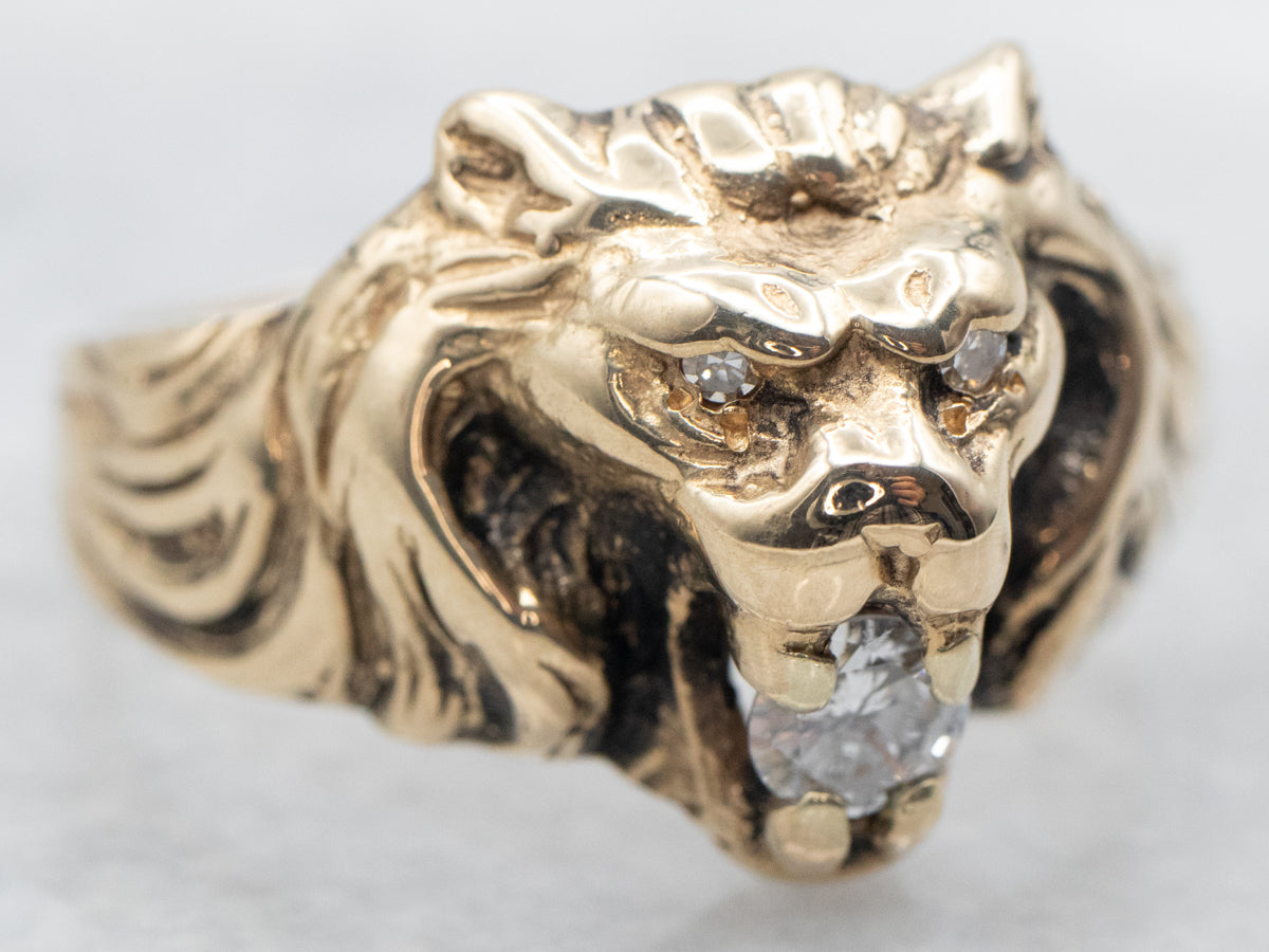Yellow Gold Lion Ring with Diamond Accents