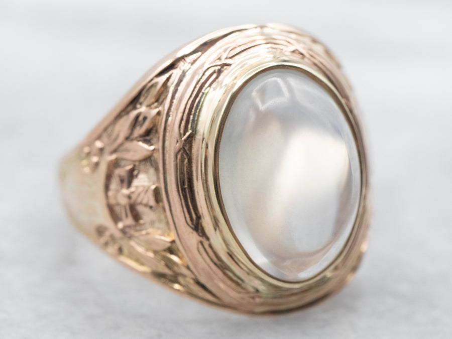 Yellow Gold Moonstone Solitaire Ring with Decorated Shoulders