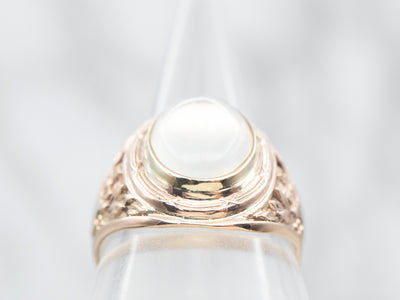 Yellow Gold Moonstone Solitaire Ring with Decorated Shoulders