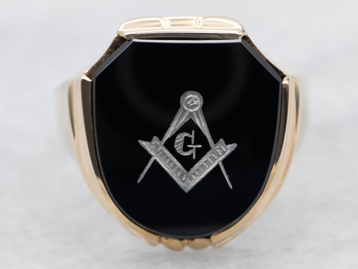 Vintage Gold Black Onyx Masonic Ring