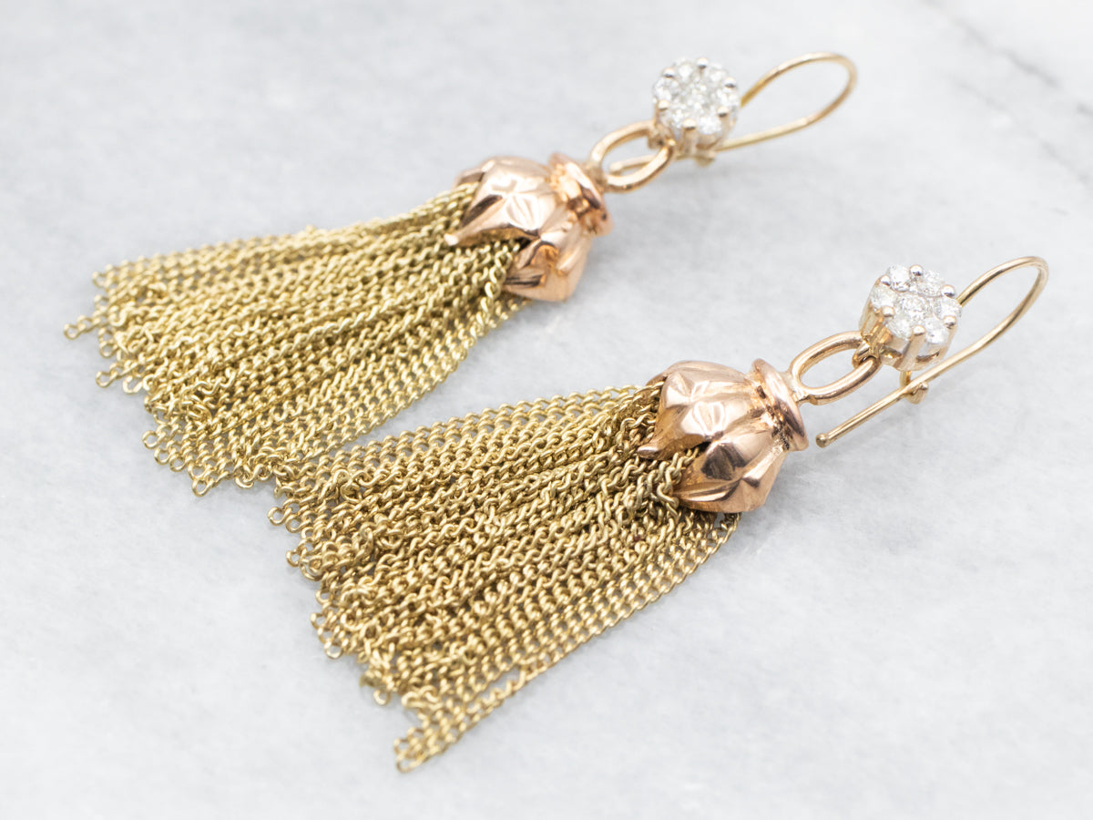 Two Tone Tassel Dangle Drop Earrings with Diamond Cluster Accent
