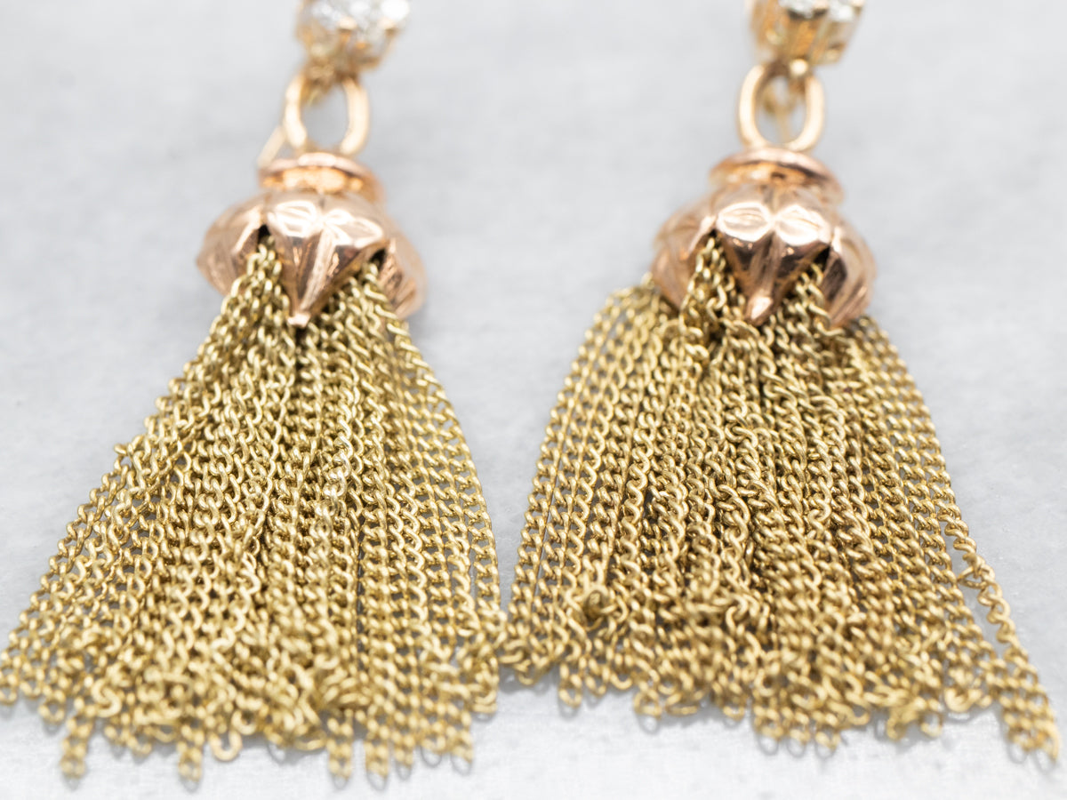 Two Tone Tassel Dangle Drop Earrings with Diamond Cluster Accent