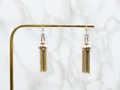Two Tone Tassel Dangle Drop Earrings with Diamond Cluster Accent