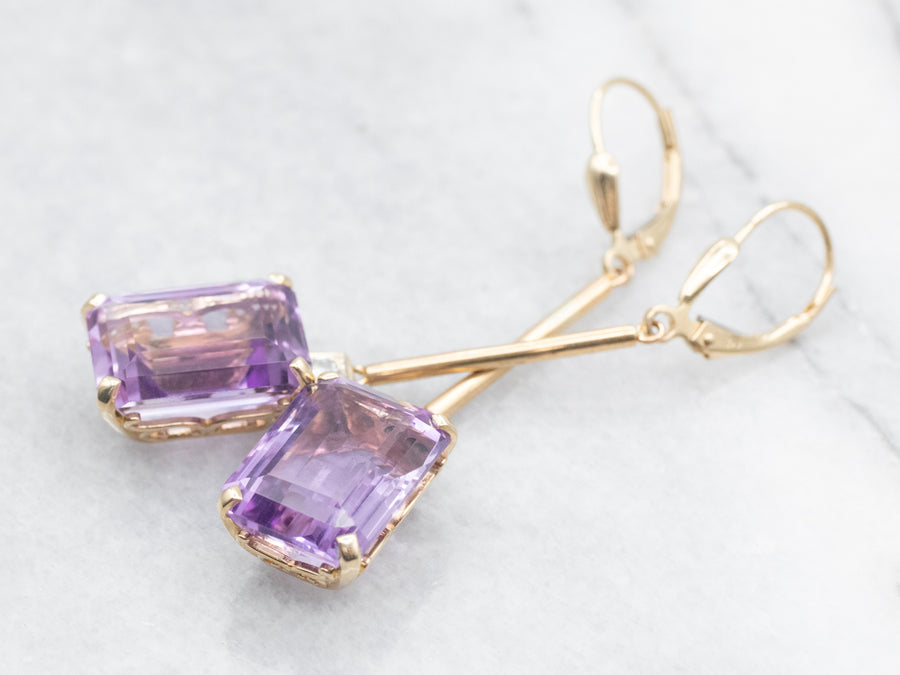 Yellow Gold Amethyst Drop Earrings with Diamond Accent
