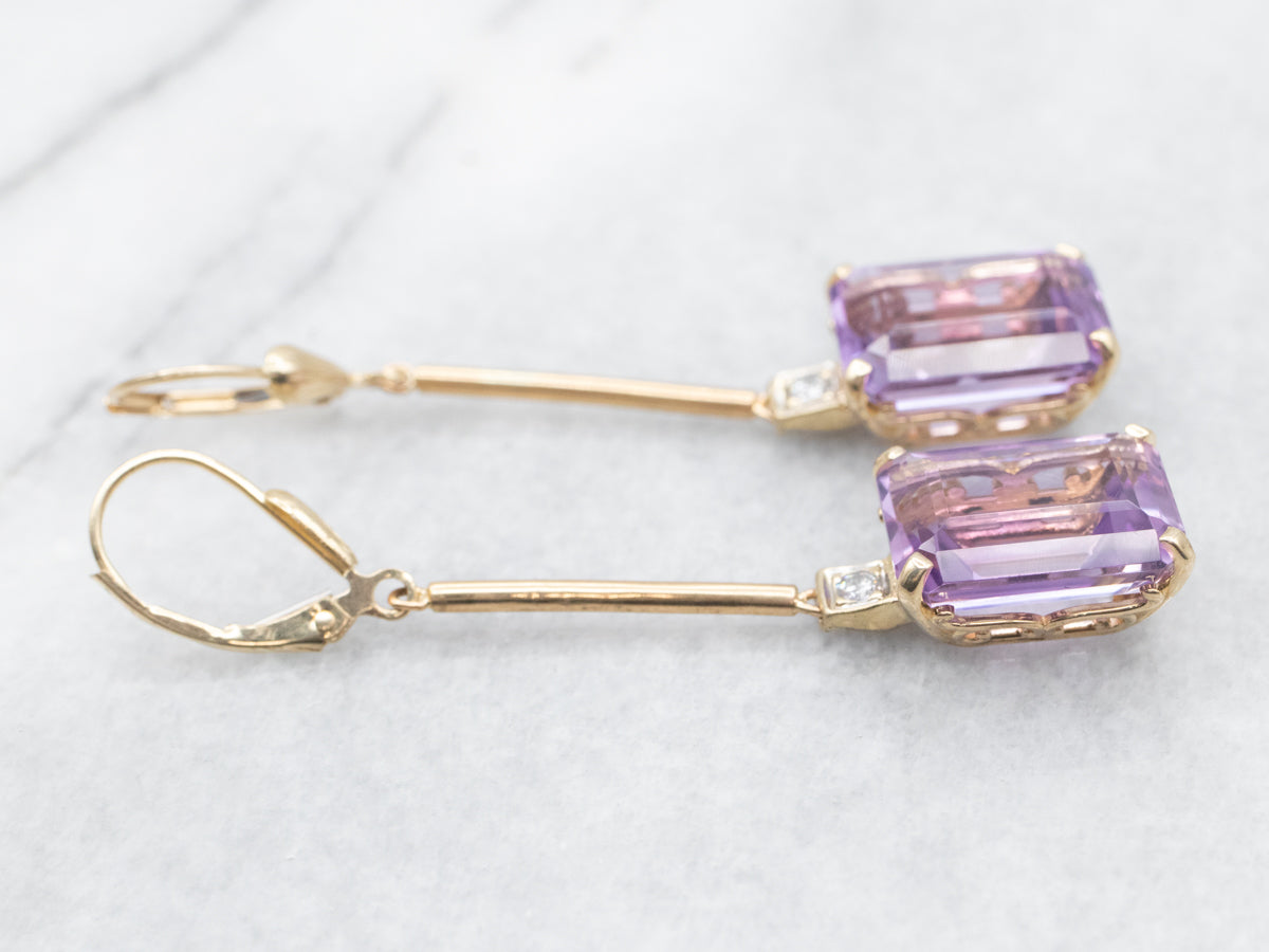 Yellow Gold Amethyst Drop Earrings with Diamond Accent