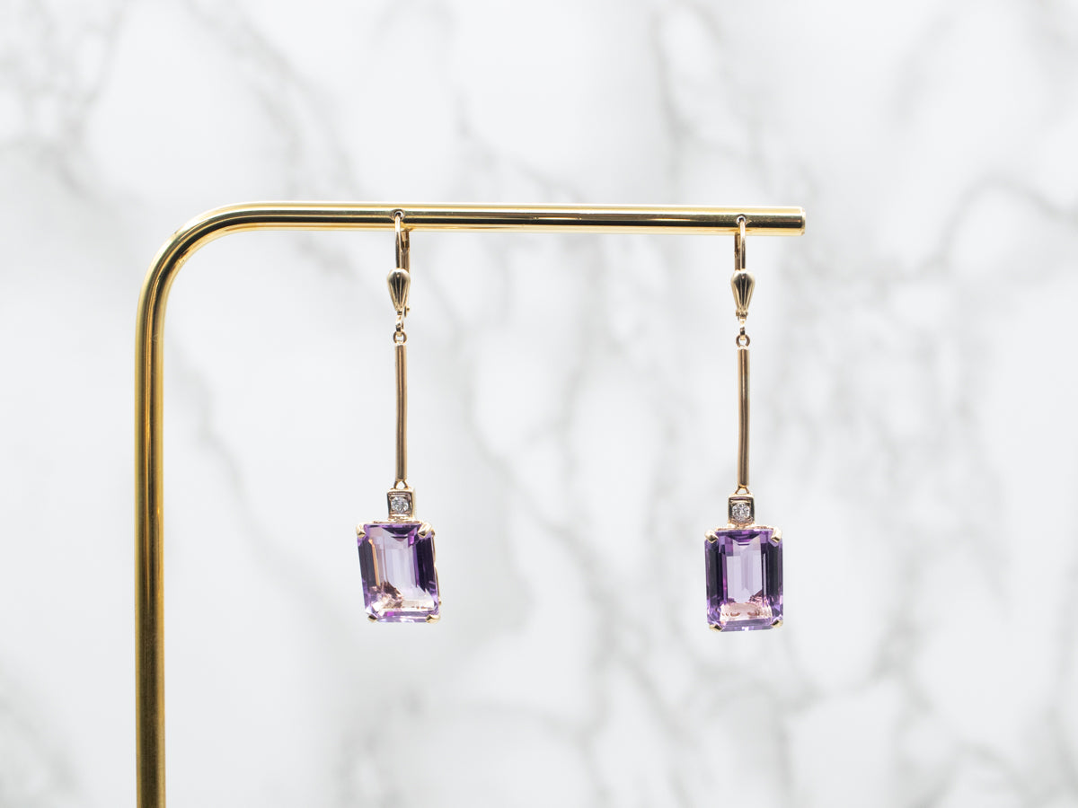 Yellow Gold Amethyst Drop Earrings with Diamond Accent