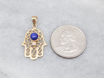 Lapis and Diamond Hand of Fatima Pendant