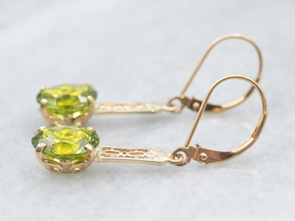 Yellow Gold Peridot Filigree Bar Drop Earrings