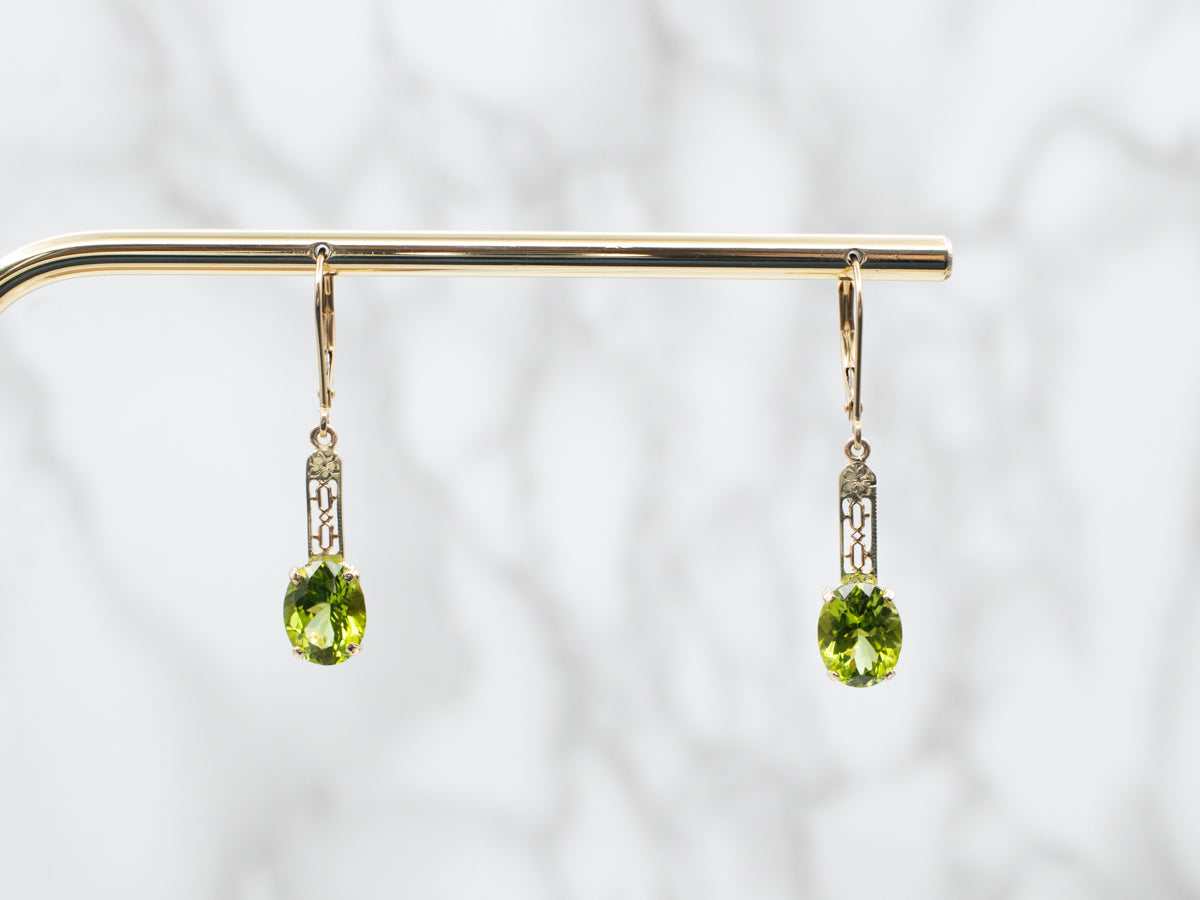 Yellow Gold Peridot Filigree Bar Drop Earrings