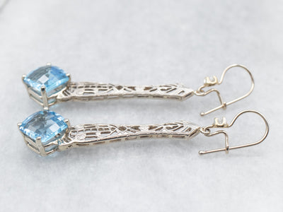 White Gold Blue Topaz Filigree Drop Earrings with Diamond Accent