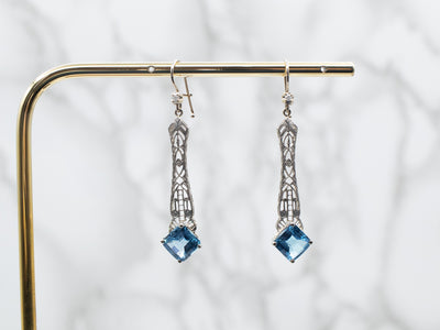 White Gold Blue Topaz Filigree Drop Earrings with Diamond Accent