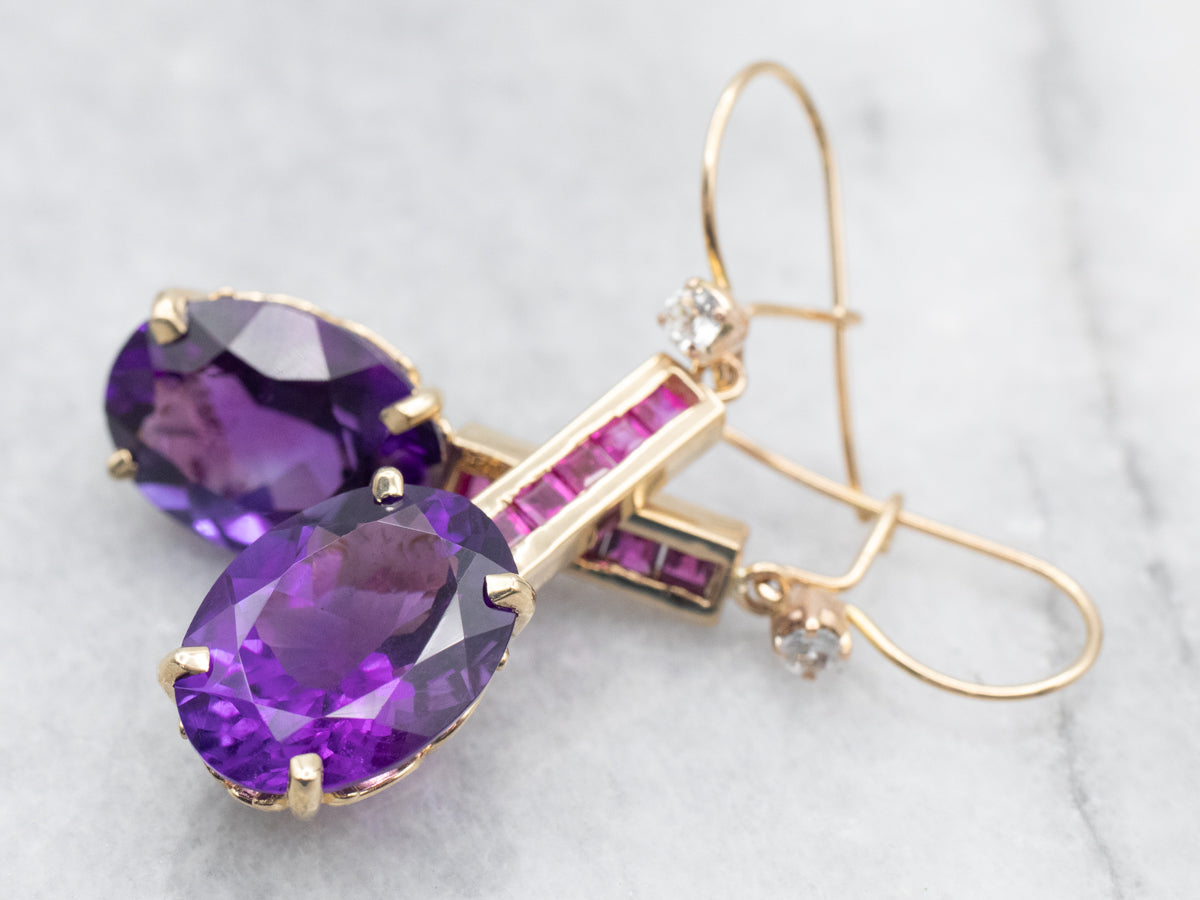 Yellow Gold Amethyst Drop Earrings with Ruby and White Topaz Accents
