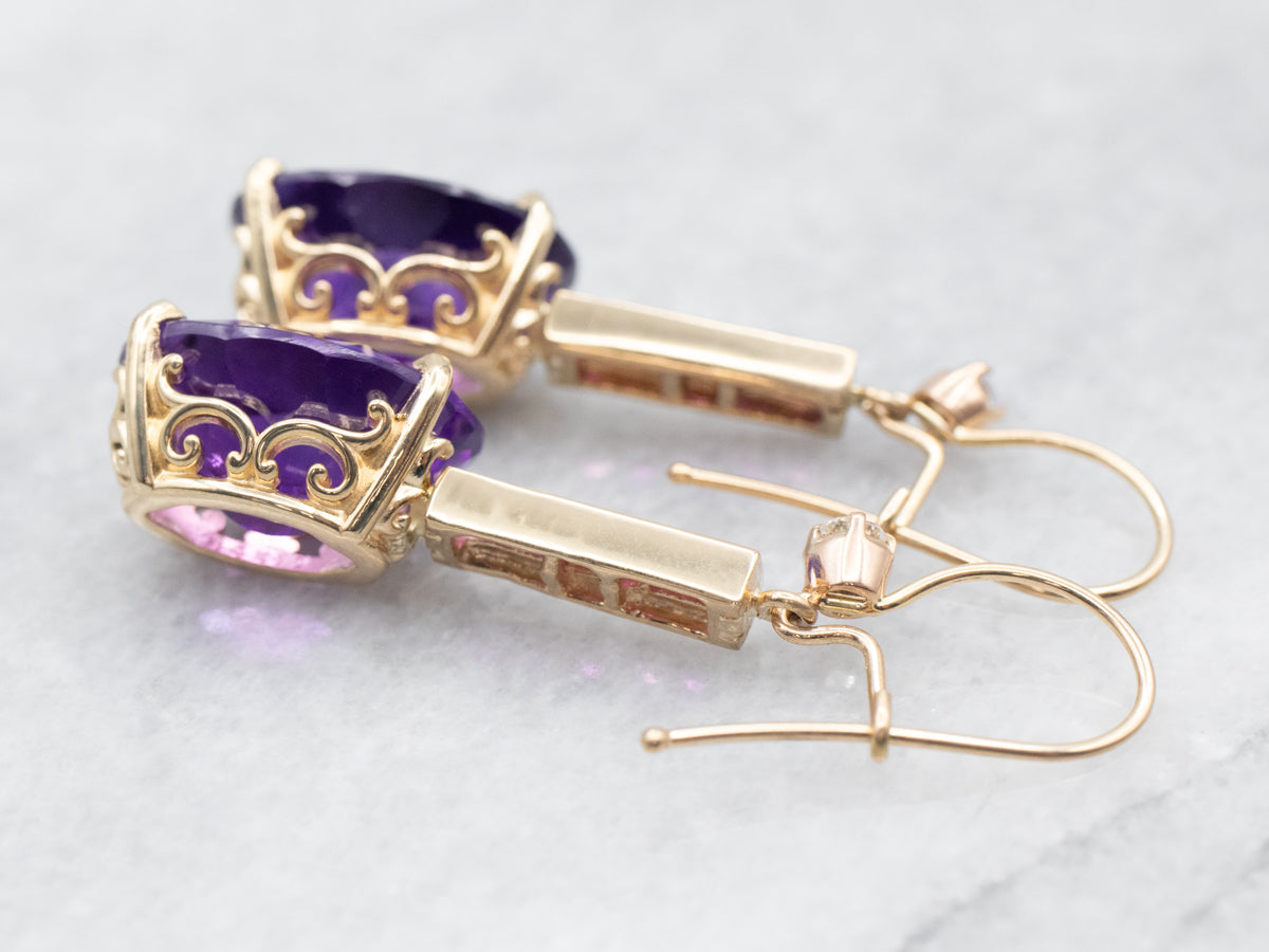 Yellow Gold Amethyst Drop Earrings with Ruby and White Topaz Accents