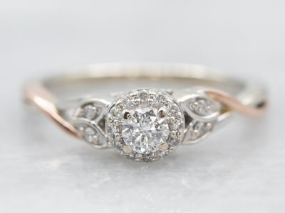 Two Tone Diamond Engagement Ring with Diamond Halo and Diamond Accents