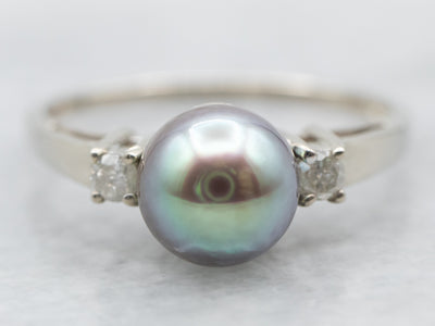 White Gold Green Pearl Ring with Diamond Accents