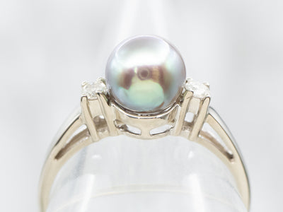 White Gold Green Pearl Ring with Diamond Accents