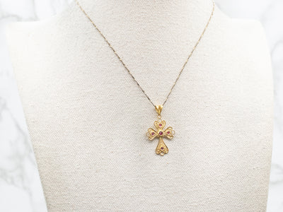 Yellow Gold Filigree Cross Pendant with Ruby Accents