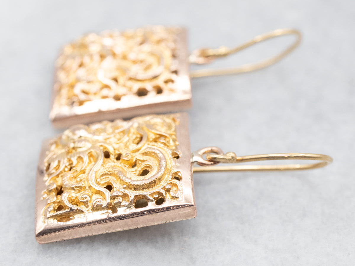Yellow Gold Ornate Filigree Square Shaped Drop Earrings