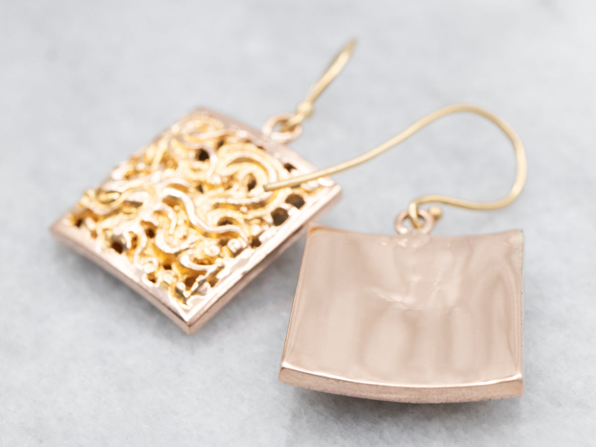 Yellow Gold Ornate Filigree Square Shaped Drop Earrings