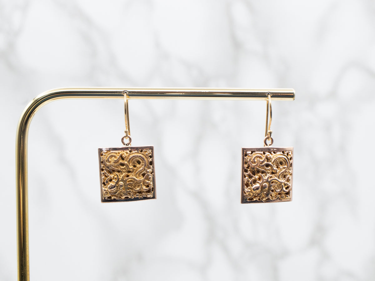 Yellow Gold Ornate Filigree Square Shaped Drop Earrings