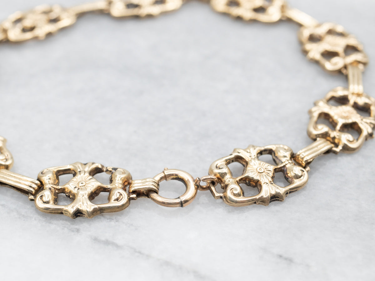 Yellow Gold Rectangular Floral Link Bracelet with Spring Ring Clasp