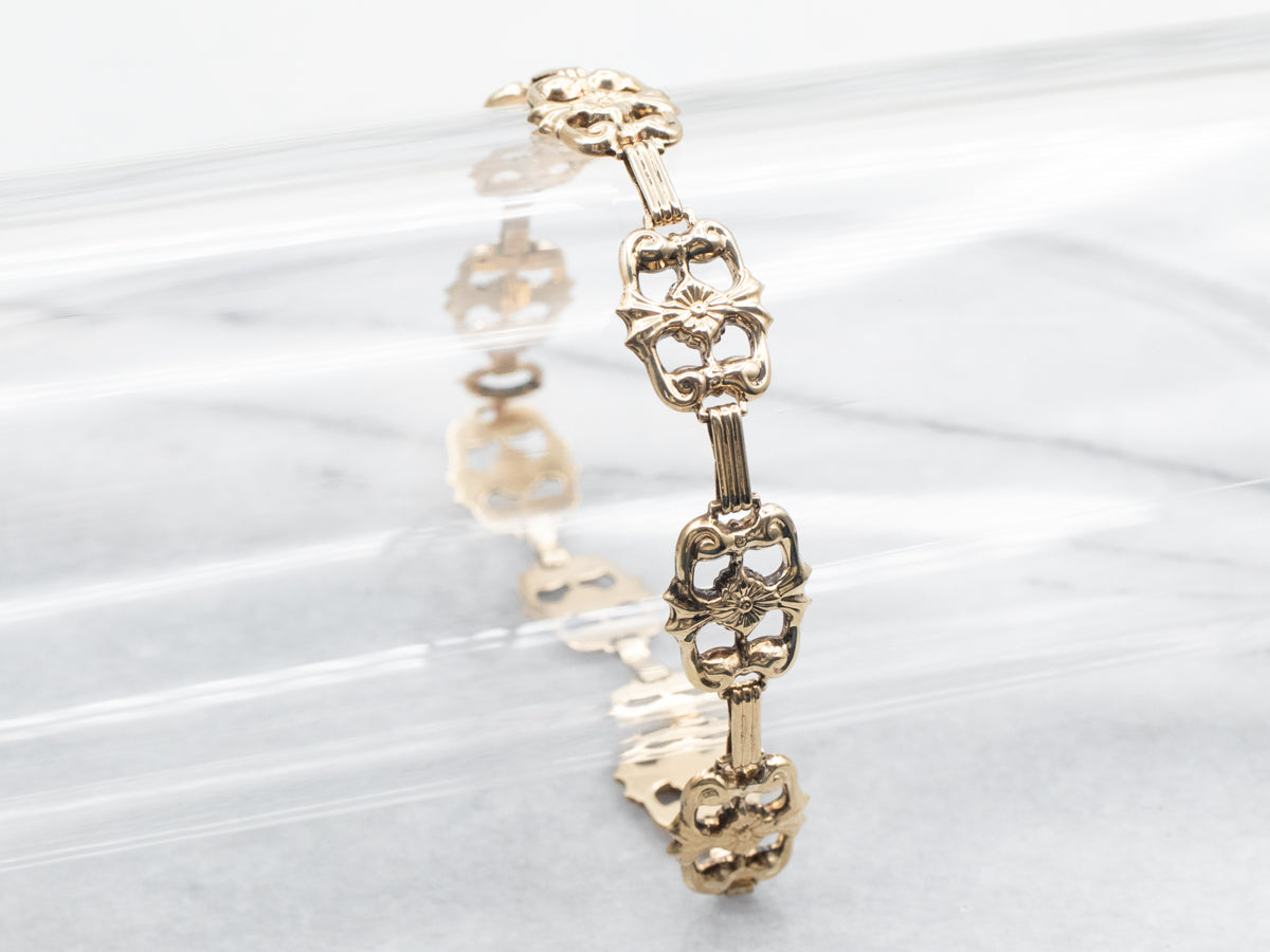 Yellow Gold Rectangular Floral Link Bracelet with Spring Ring Clasp