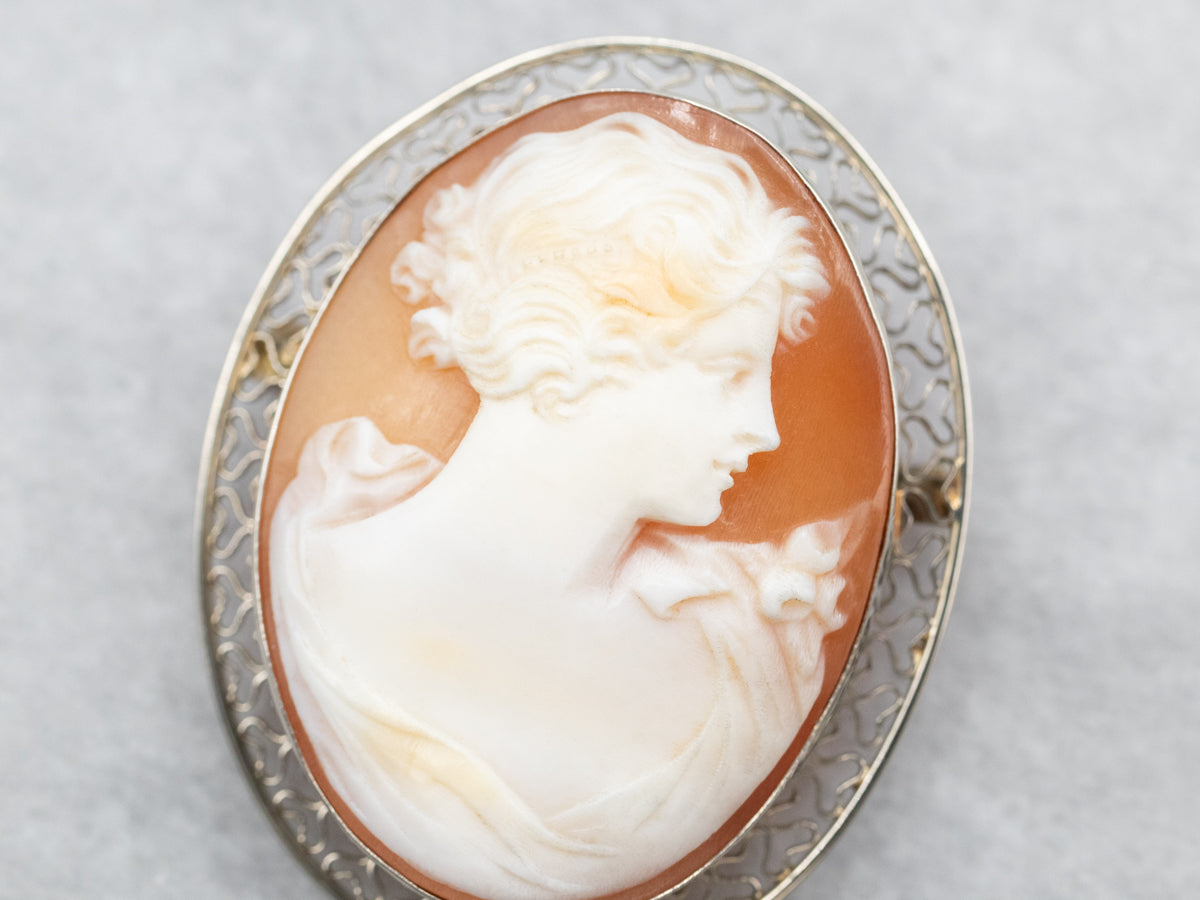 White Gold Cameo Brooch with Filigree Frame