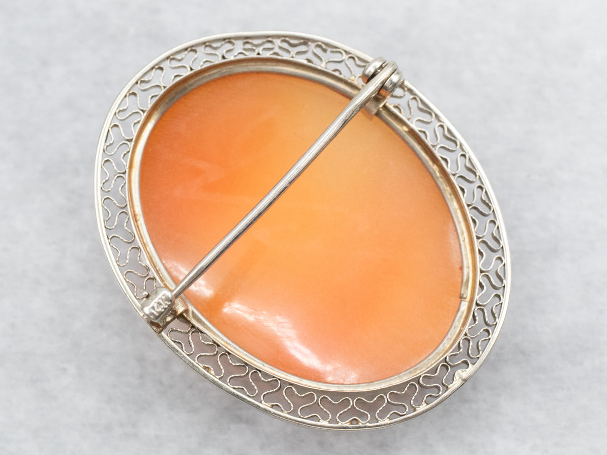 Broche de camafeo de oro blanco con marco de filigrana