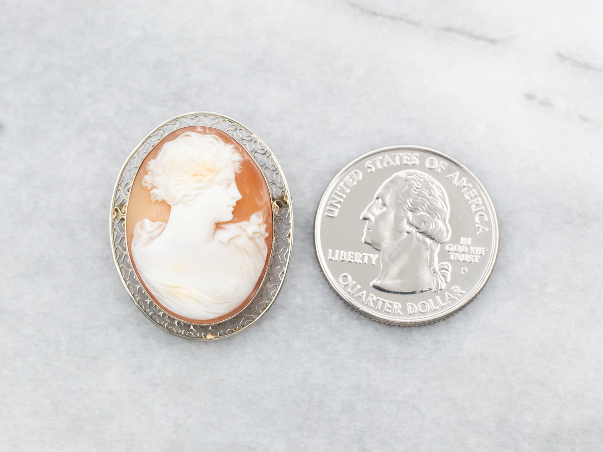 Broche de camafeo de oro blanco con marco de filigrana