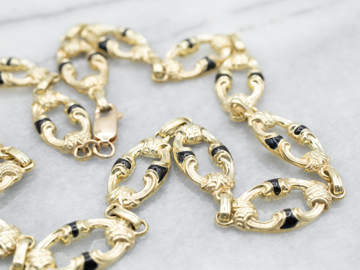 Yellow Gold Enamel Oval Link Necklace with Lobster Clasp