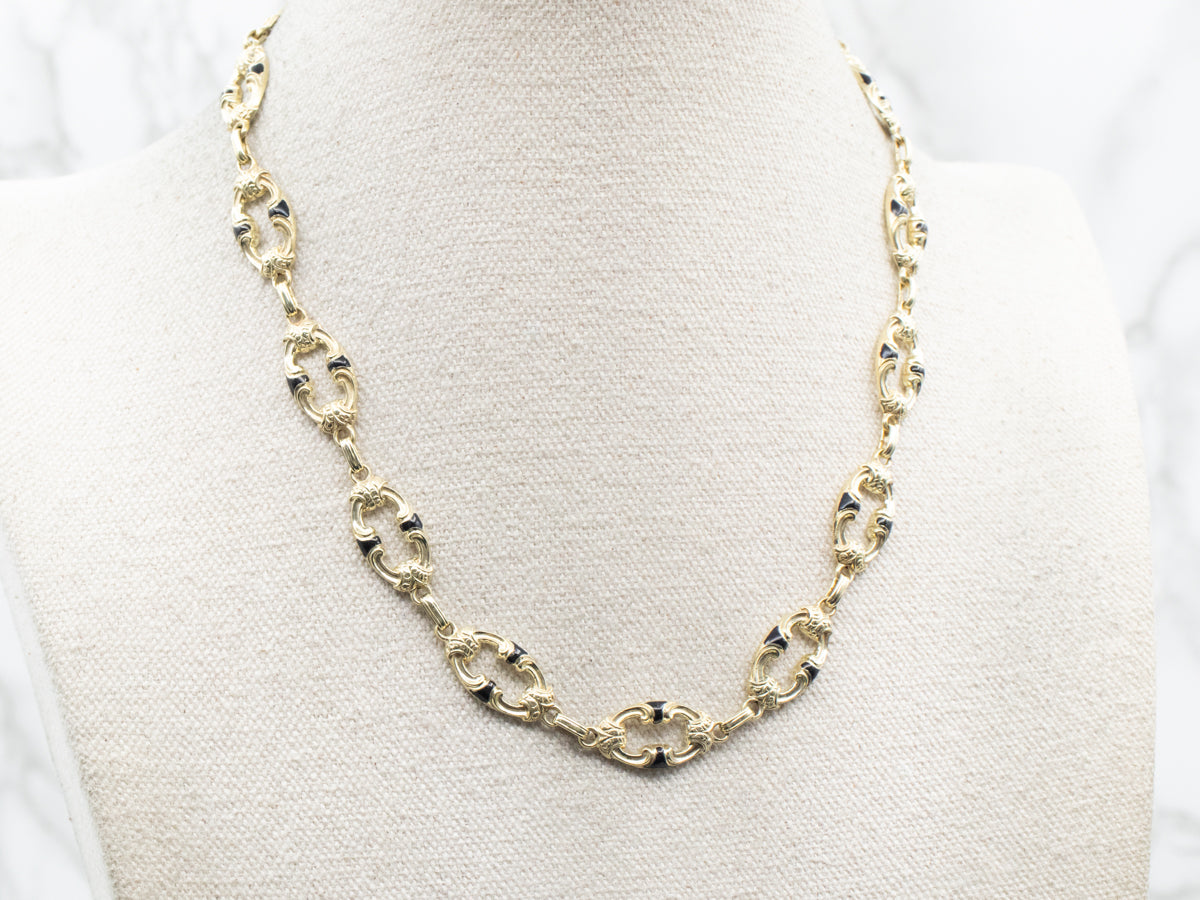 Yellow Gold Enamel Oval Link Necklace with Lobster Clasp