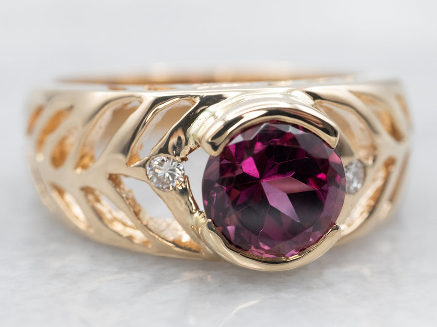 Yellow Gold Rhodolite Garnet Ring with Diamond Accents