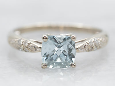 White Gold Aquamarine Ring with Diamond Shoulders