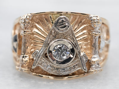 Blue Lodge Yellow Gold Diamond Ring - 14k Round Cut .12ctw Vintage Masonic  8 3/4 - Wilson Brothers Jewelry