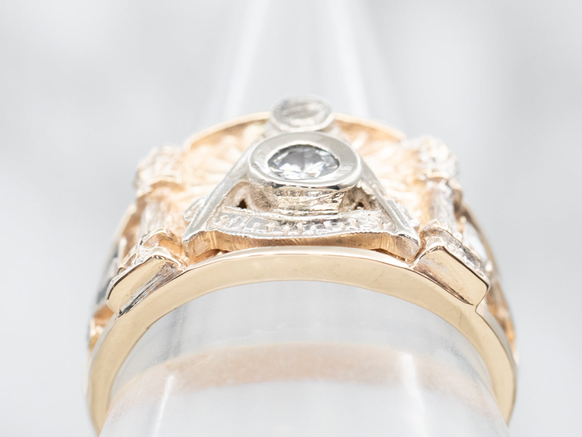 Two Tone Diamond and Enamel Masonic Ring