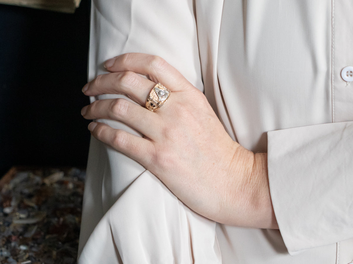 Two Tone Diamond and Enamel Masonic Ring